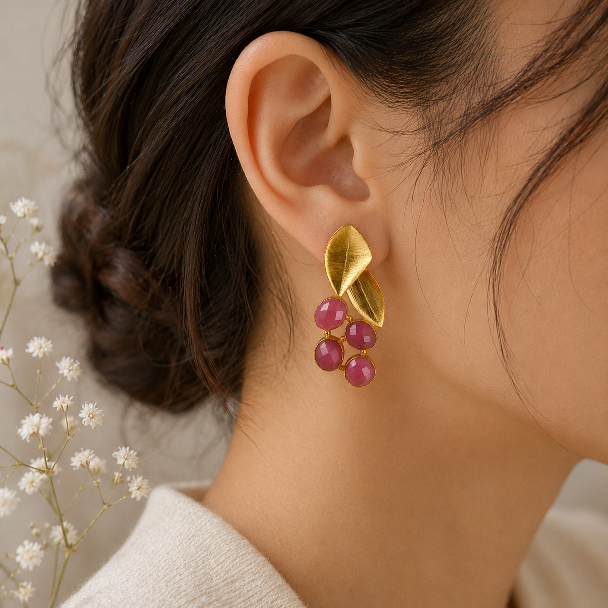 Golden Laurel Berry Statement Earrings – Textured Brass Botanical Drops