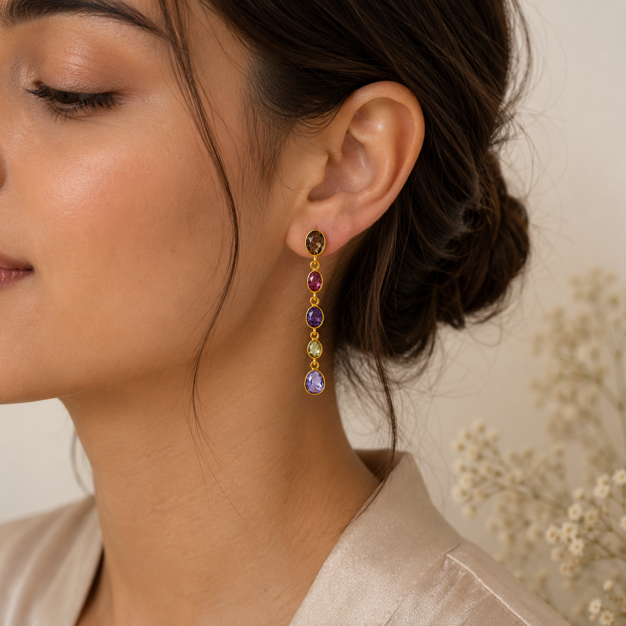 Autumn Orchard Multi-Stone Dangles – 18K Gold Plated Linear Cascade Earrings