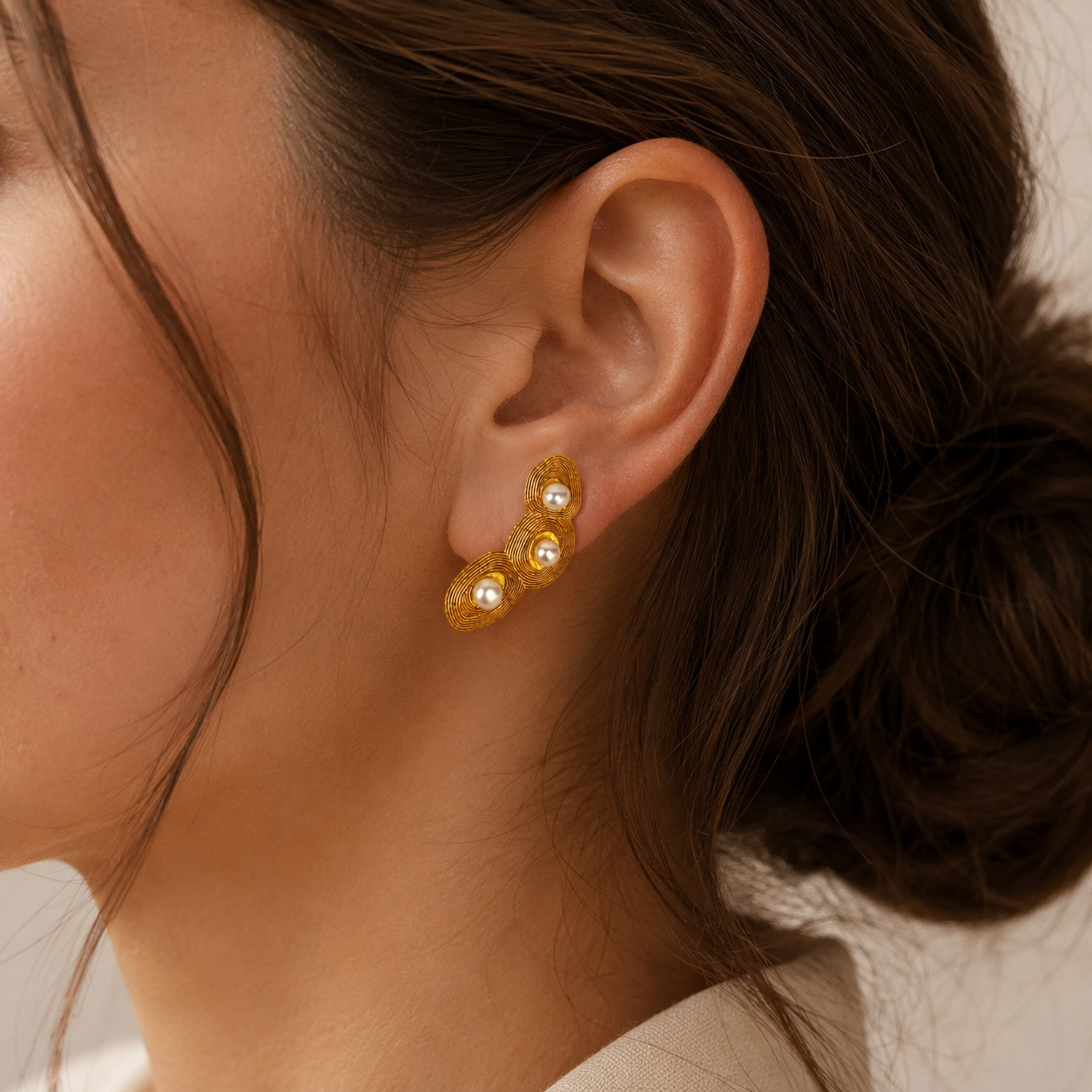 Luna Ripple Ear Climbers – Gold Plated Textured Coil & Pearl Earrings