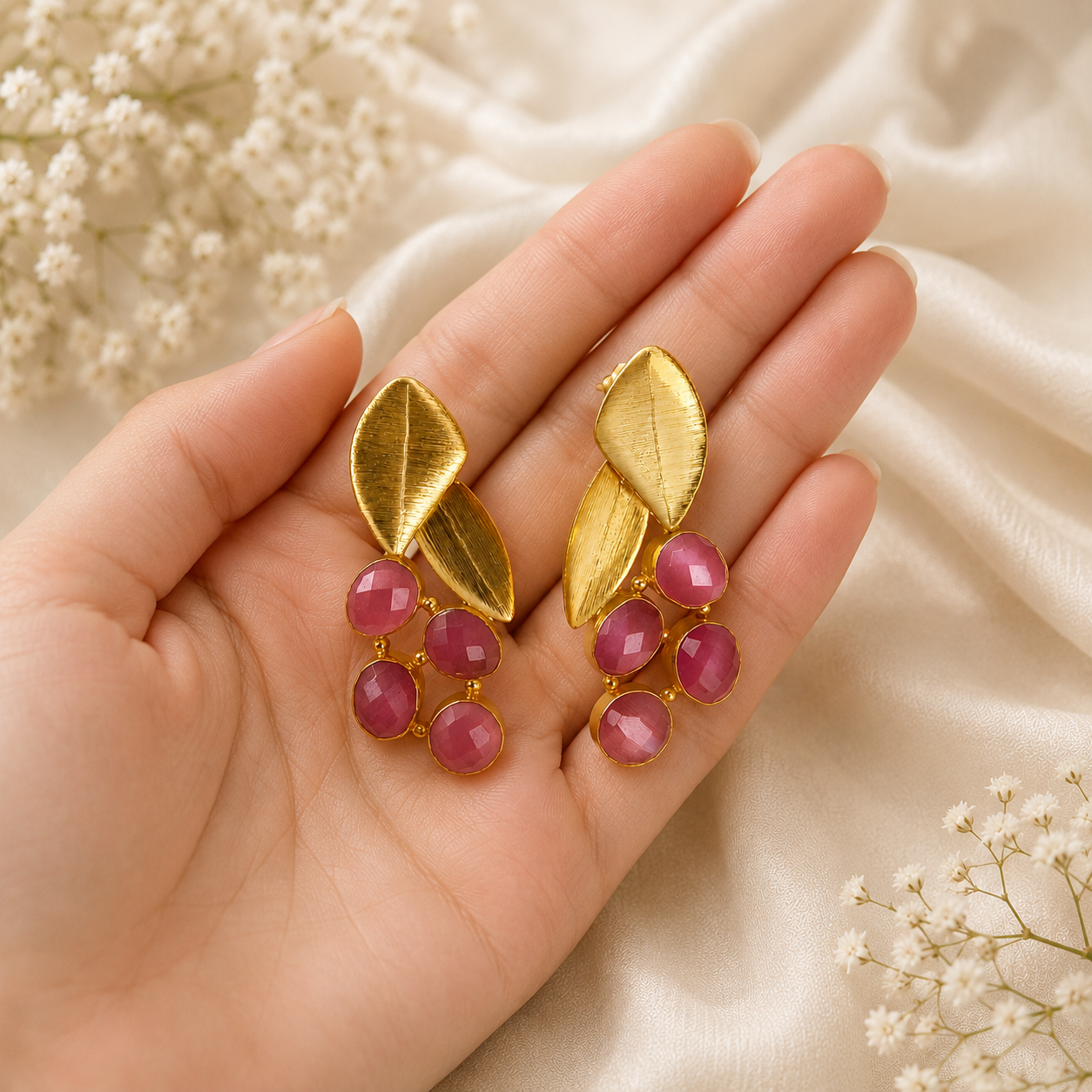 Golden Laurel Berry Statement Earrings – Textured Brass Botanical Drops