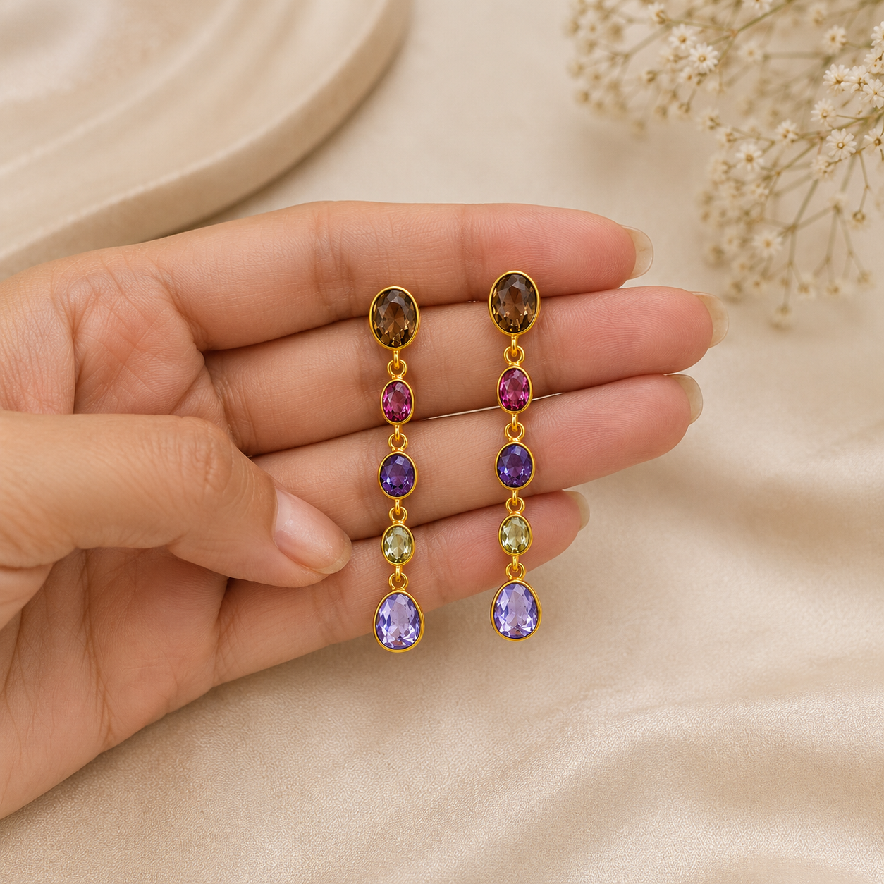 Autumn Orchard Multi-Stone Dangles – 18K Gold Plated Linear Cascade Earrings