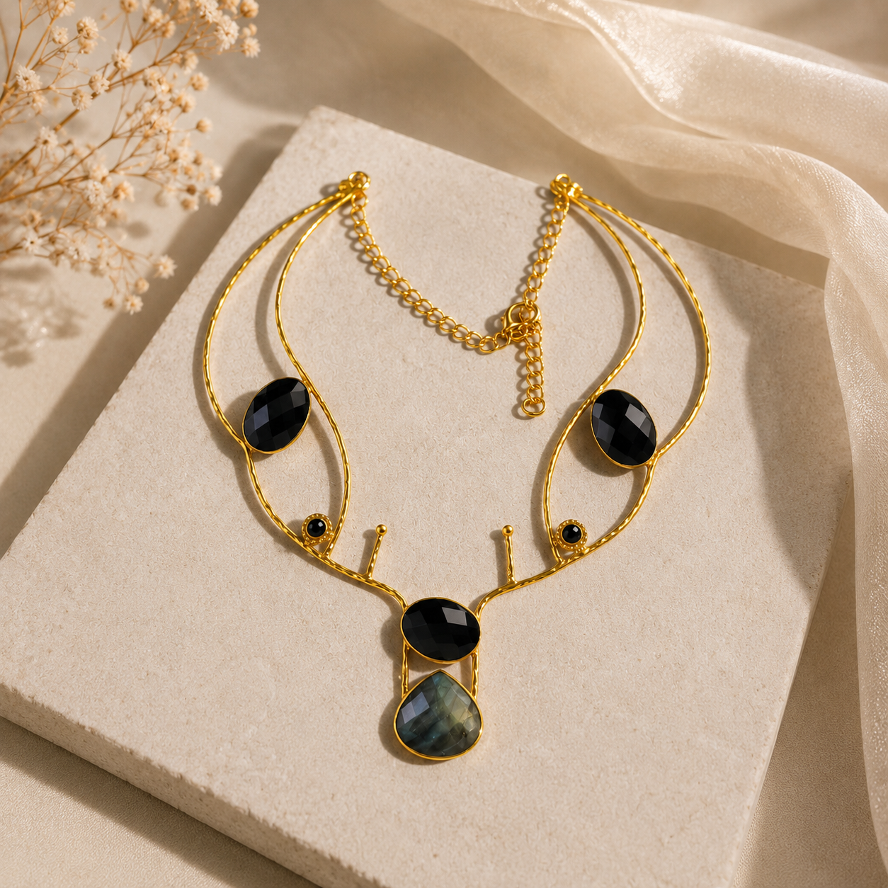 Majestic Antler Statement Necklace – Gold Plated Brass with Black Onyx & Labradorite
