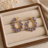 Product Title: Celestial Lavender Bloom Hoops – Gold Plated Periwinkle Crescent Drops