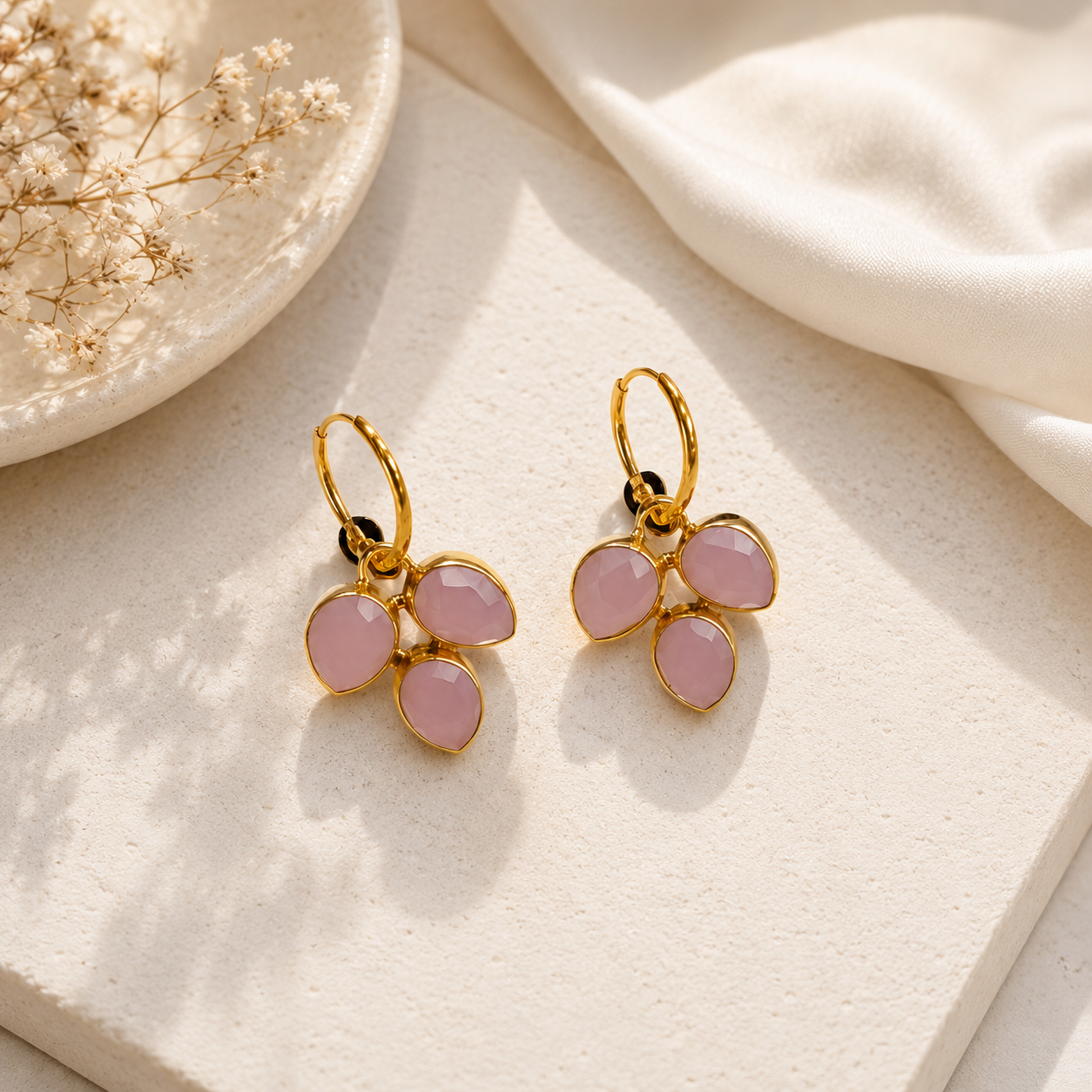 Blushing Clover Hoop Earrings – Faceted Gemstone Botanical Charms