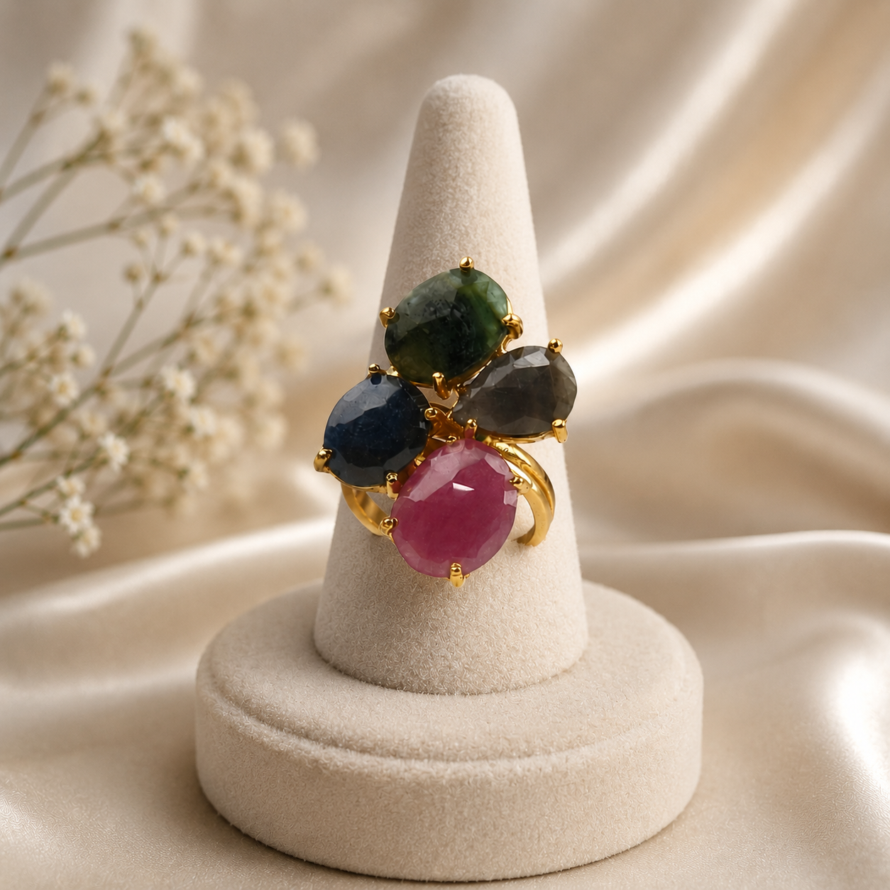 Kaleidoscopic Gilded Ring – Multi-Gemstone Cluster Statement Ring