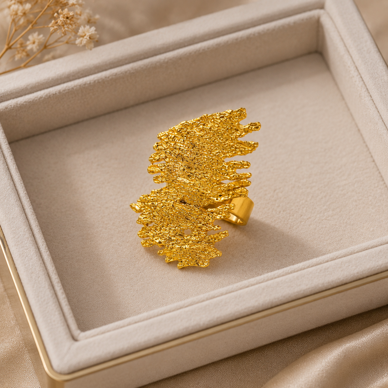 The Molten Lava Statement Ring – Textured Gold Plated Brass Abstract Cocktail Ring