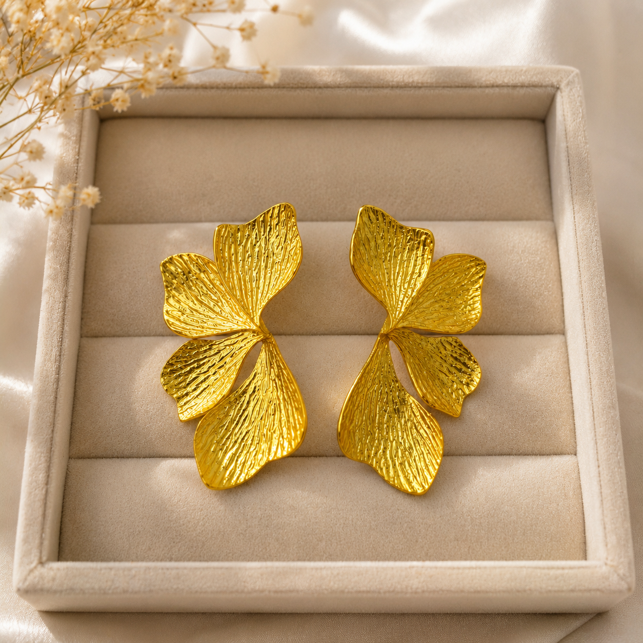 Golden Ginkgo Statement Wings – Textured Gold Plated Botanical Studs