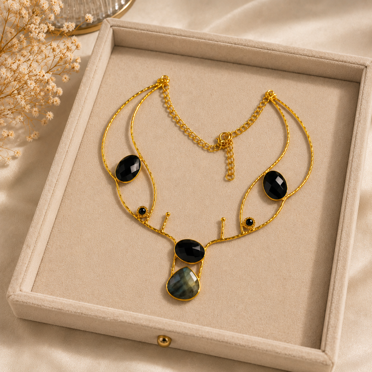 Majestic Antler Statement Necklace – Gold Plated Brass with Black Onyx & Labradorite