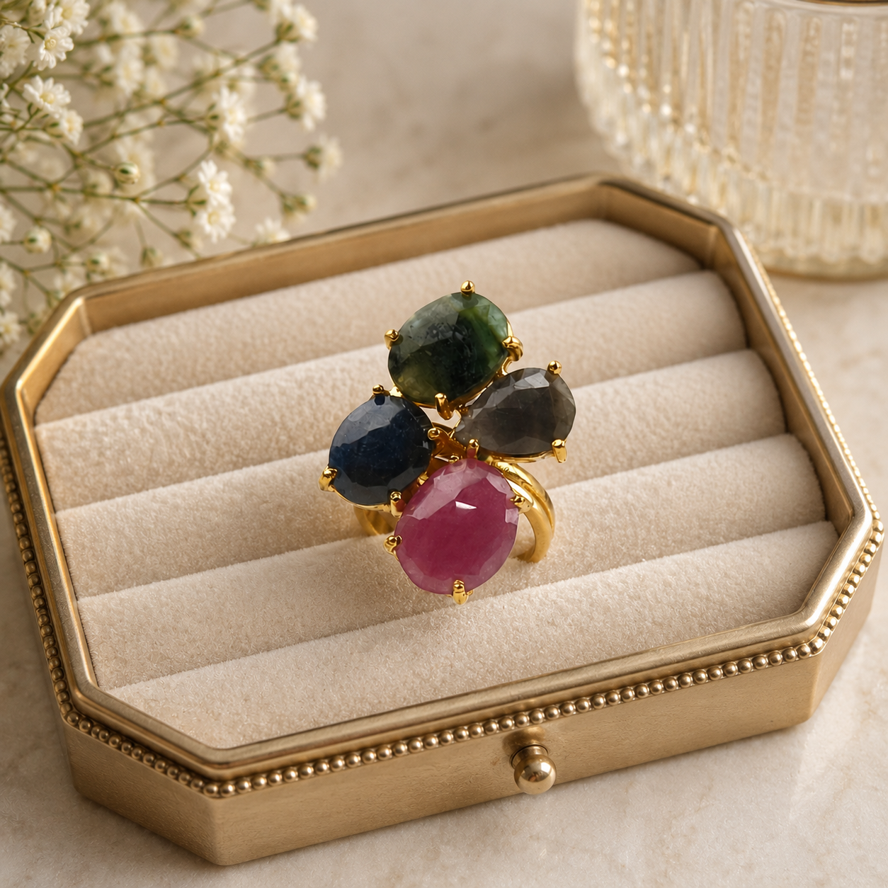 Kaleidoscopic Gilded Ring – Multi-Gemstone Cluster Statement Ring