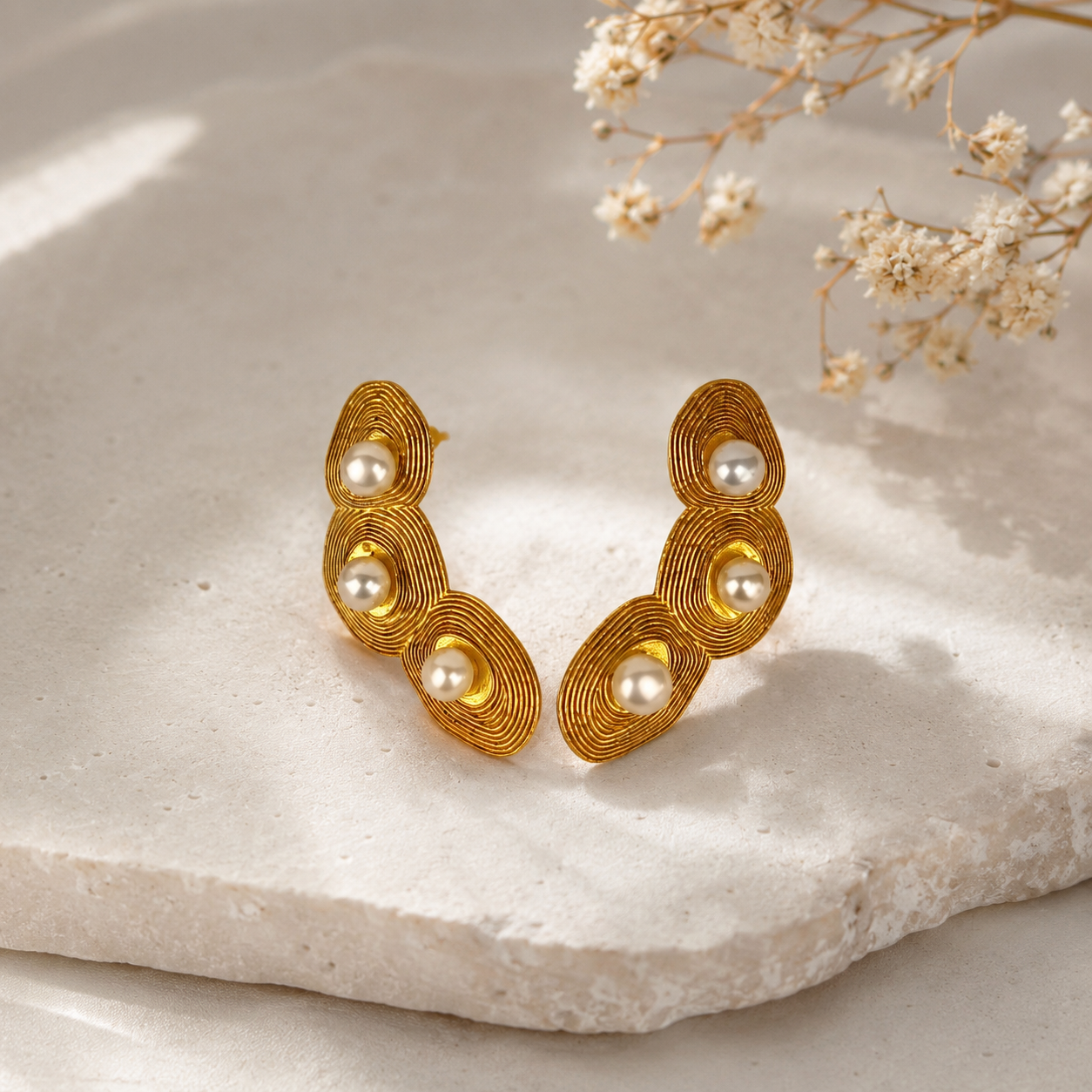 Luna Ripple Ear Climbers – Gold Plated Textured Coil & Pearl Earrings