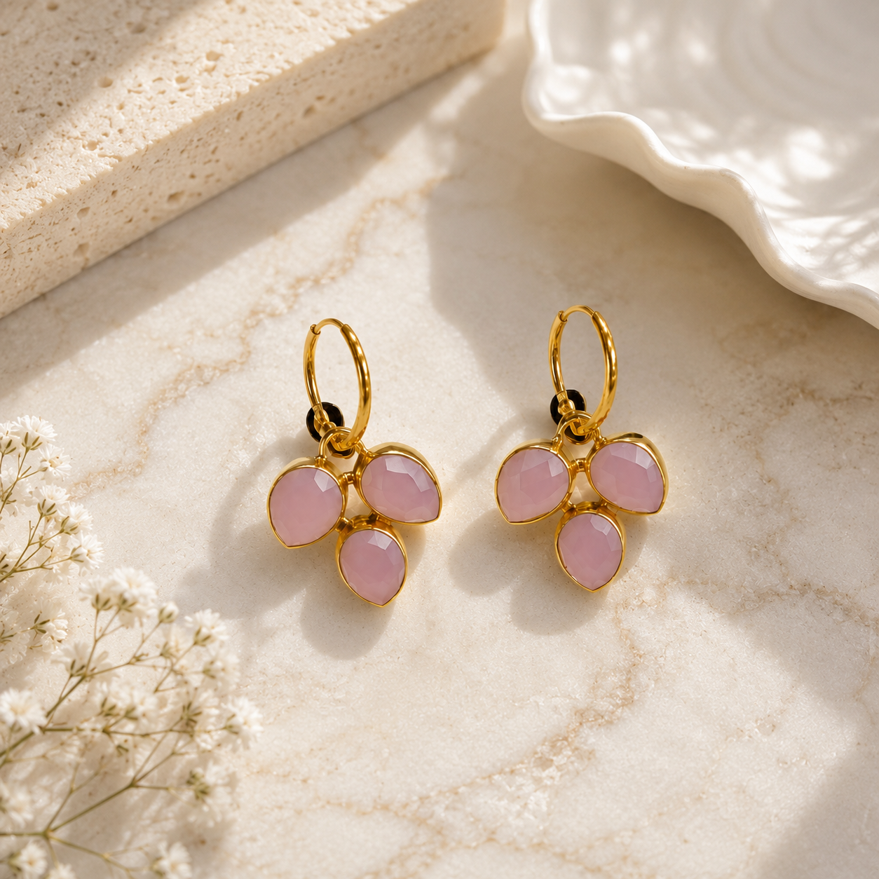 Blushing Clover Hoop Earrings – Faceted Gemstone Botanical Charms
