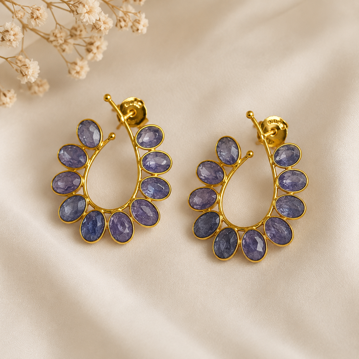 Product Title: Celestial Lavender Bloom Hoops – Gold Plated Periwinkle Crescent Drops