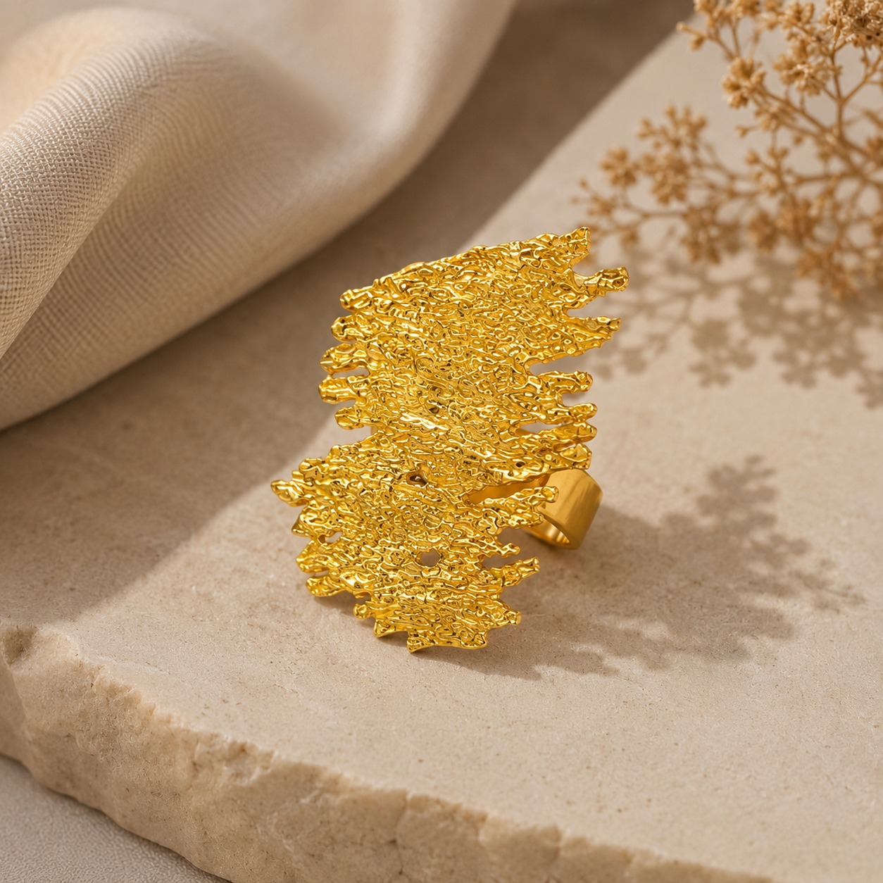 The Molten Lava Statement Ring – Textured Gold Plated Brass Abstract Cocktail Ring