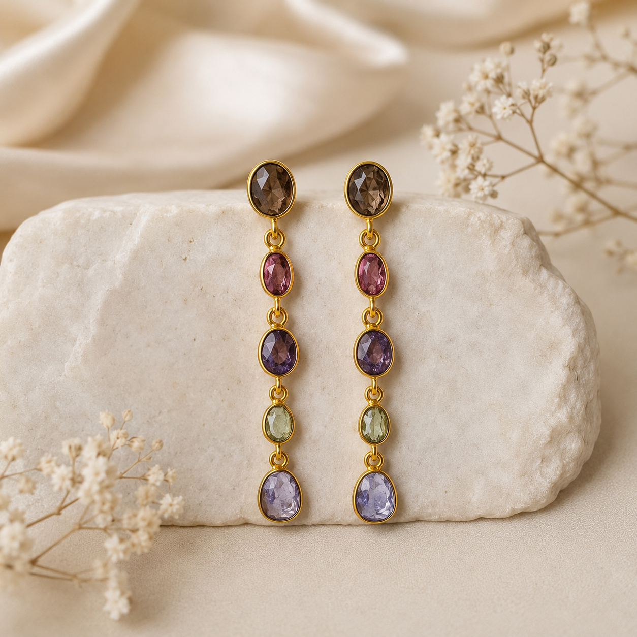Autumn Orchard Multi-Stone Dangles – 18K Gold Plated Linear Cascade Earrings