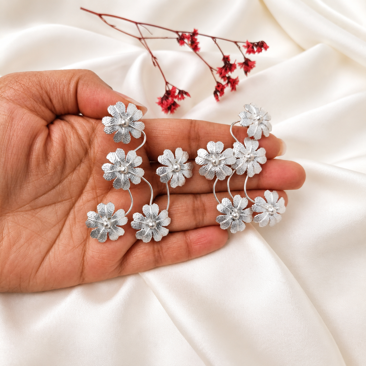 Meadow Cascade Earrings – Silver Plated Textured Botanical Chandelier Drops