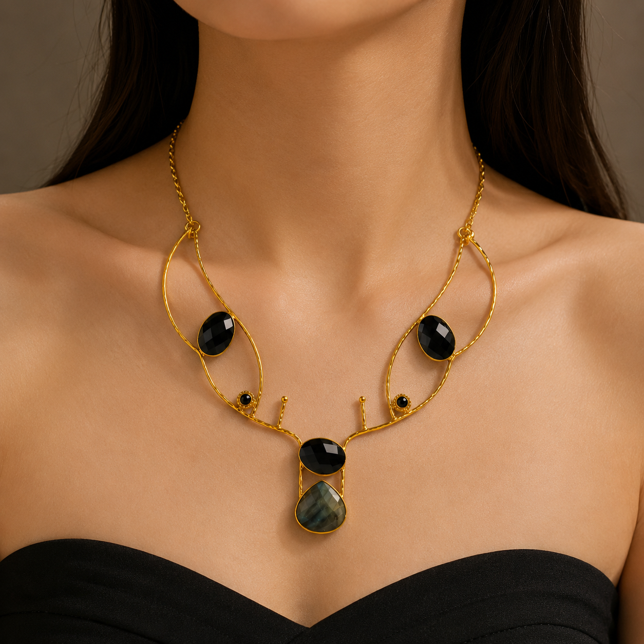 Majestic Antler Statement Necklace – Gold Plated Brass with Black Onyx & Labradorite