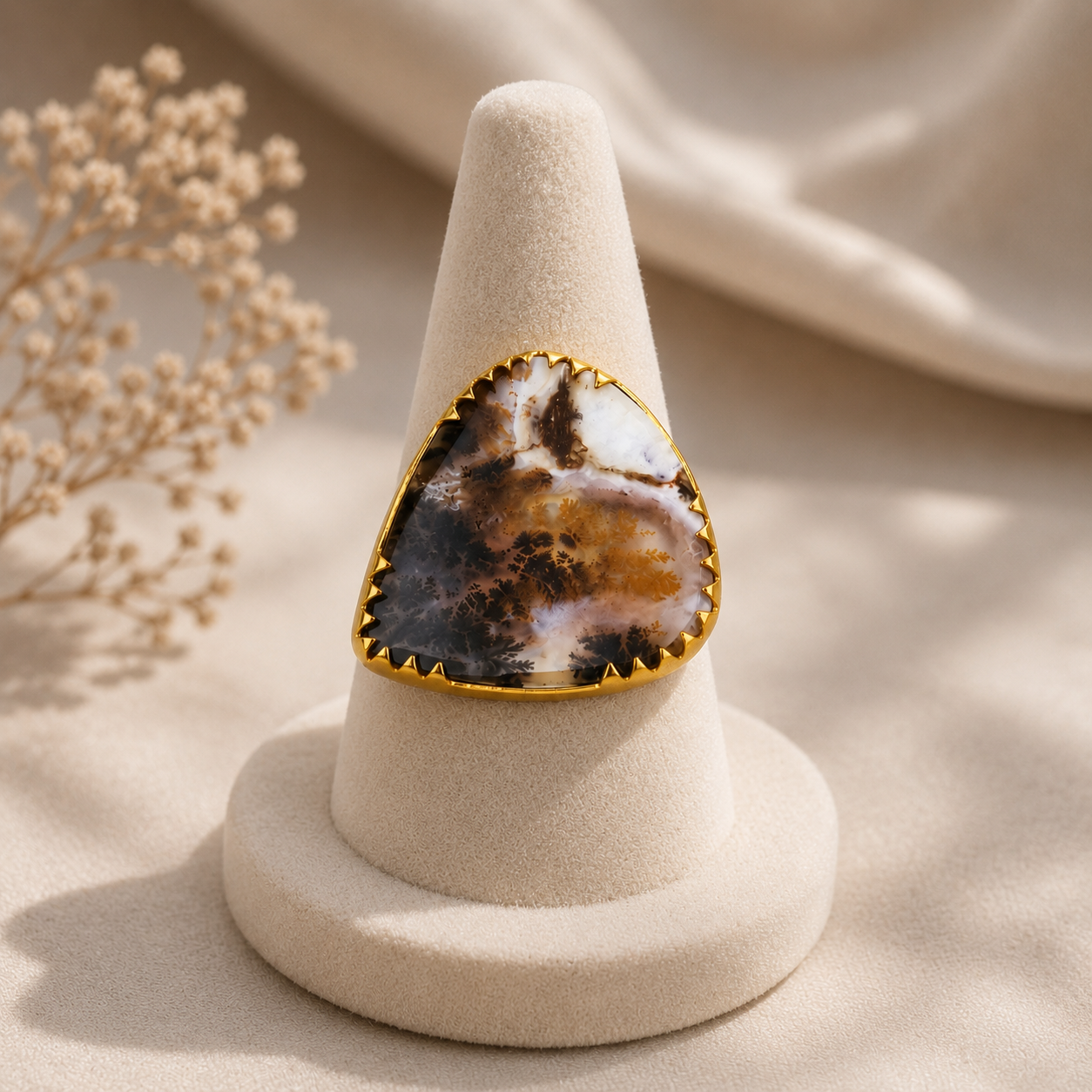 Eclipse Nebula Statement Ring – Gold Plated Cocktail Ring with Organic Scenic Dendritic Agate