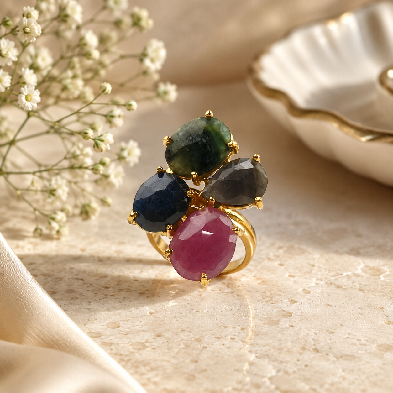 Kaleidoscopic Gilded Ring – Multi-Gemstone Cluster Statement Ring