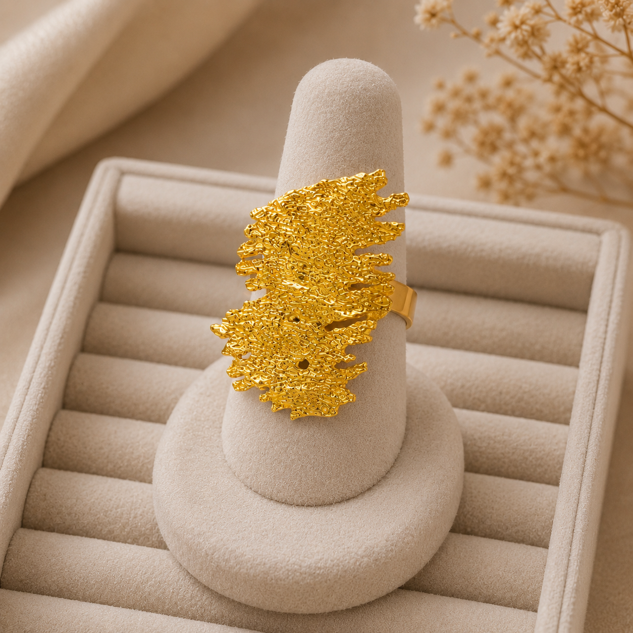 The Molten Lava Statement Ring – Textured Gold Plated Brass Abstract Cocktail Ring