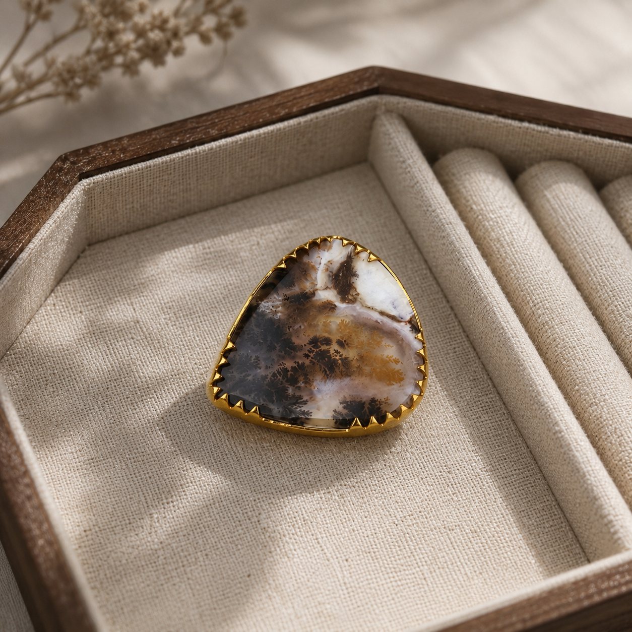 Eclipse Nebula Statement Ring – Gold Plated Cocktail Ring with Organic Scenic Dendritic Agate
