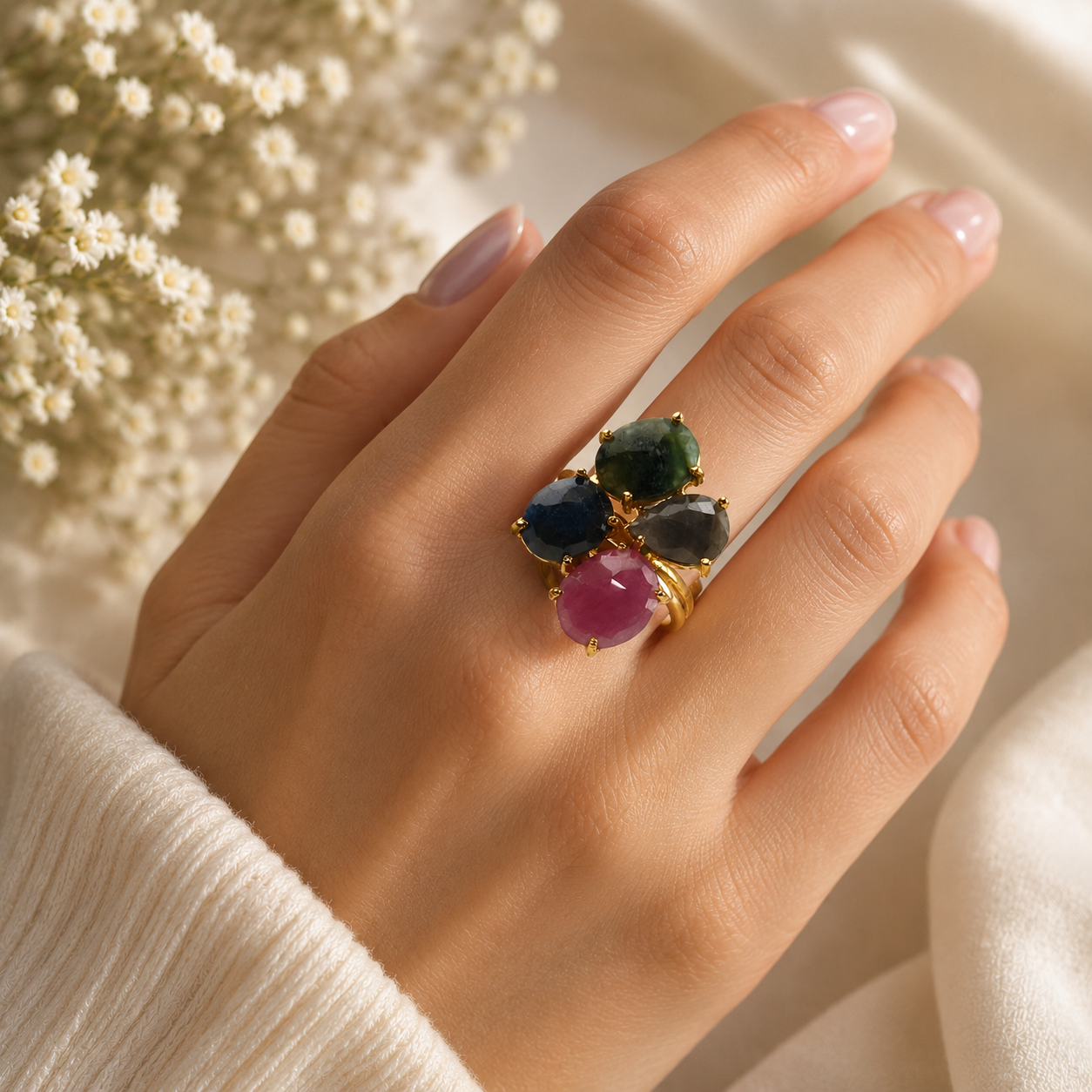 Kaleidoscopic Gilded Ring – Multi-Gemstone Cluster Statement Ring