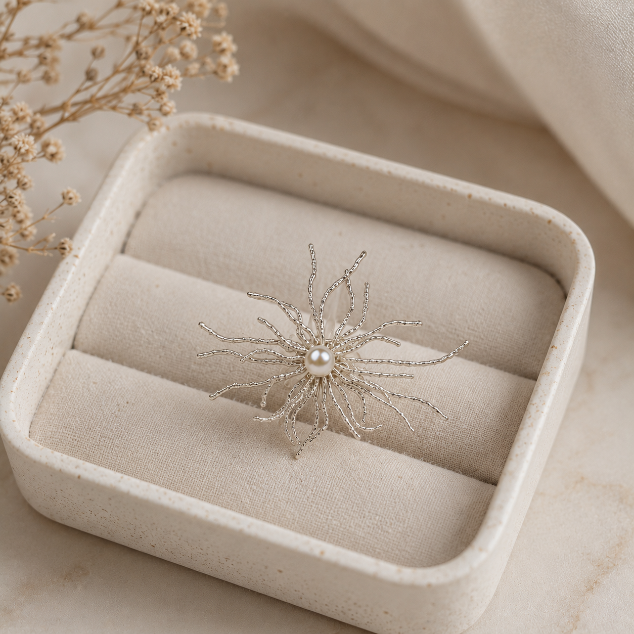 Supernova Pearl Starburst Ring – Silver Plated Textured Statement Ring