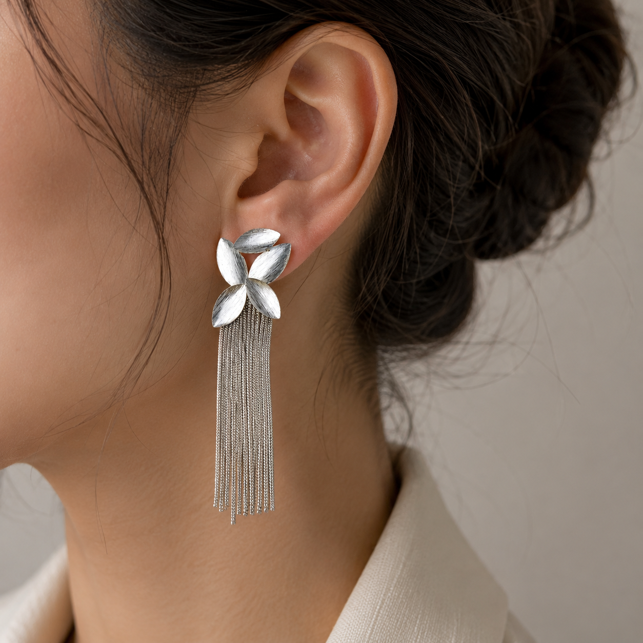 Silver Majestic Botanical Tassel Earrings – Brushed Rhodium Leaf & Fringe Drop Earrings