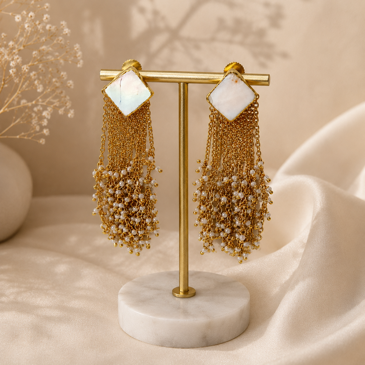 The Mother of Pearl Cascade Drops – Gold Plated Fluid Seed Pearl Tassel Earrings