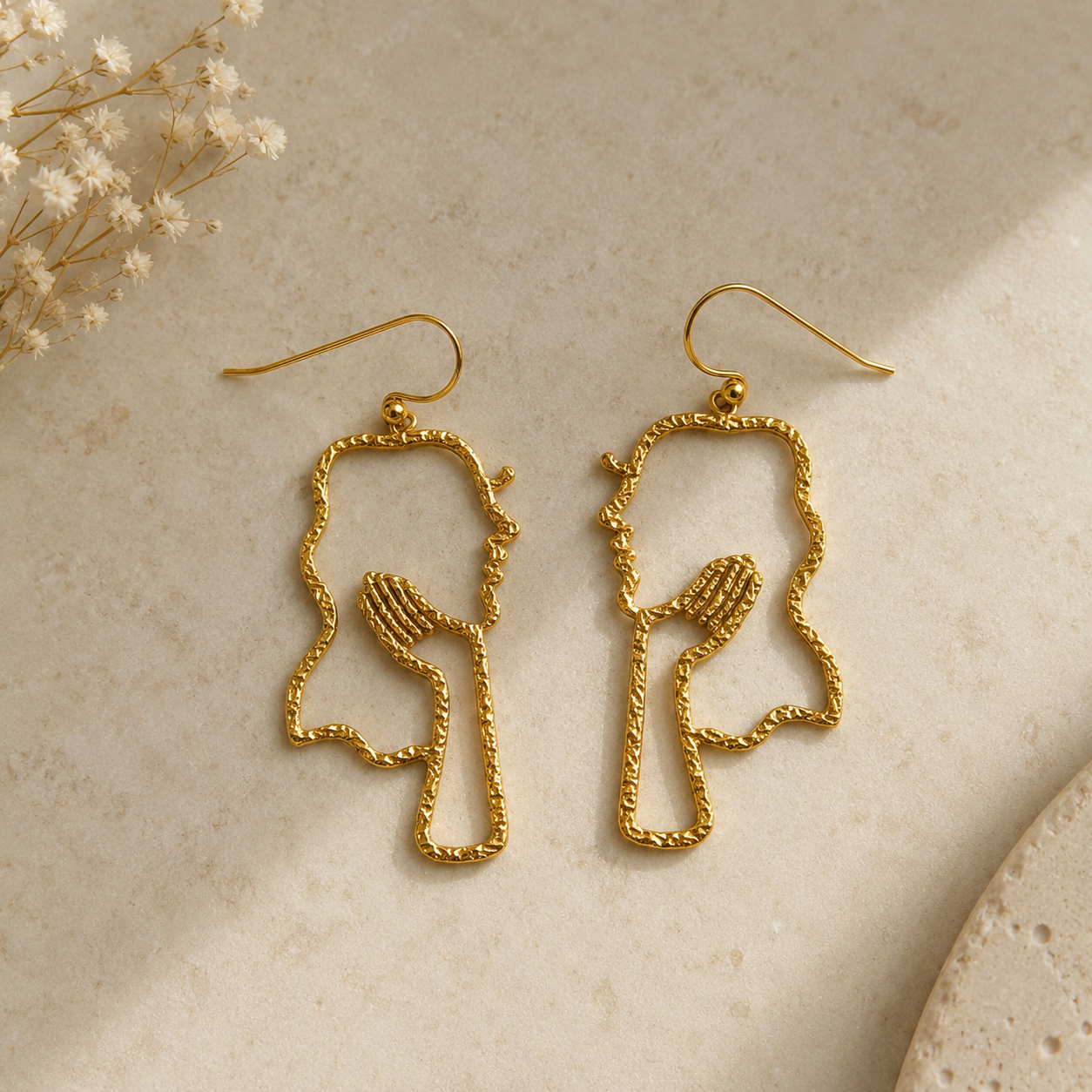 Artisan Gilded Petal Studs – Textured Abstract Silhouette Cameo Drop Earrings