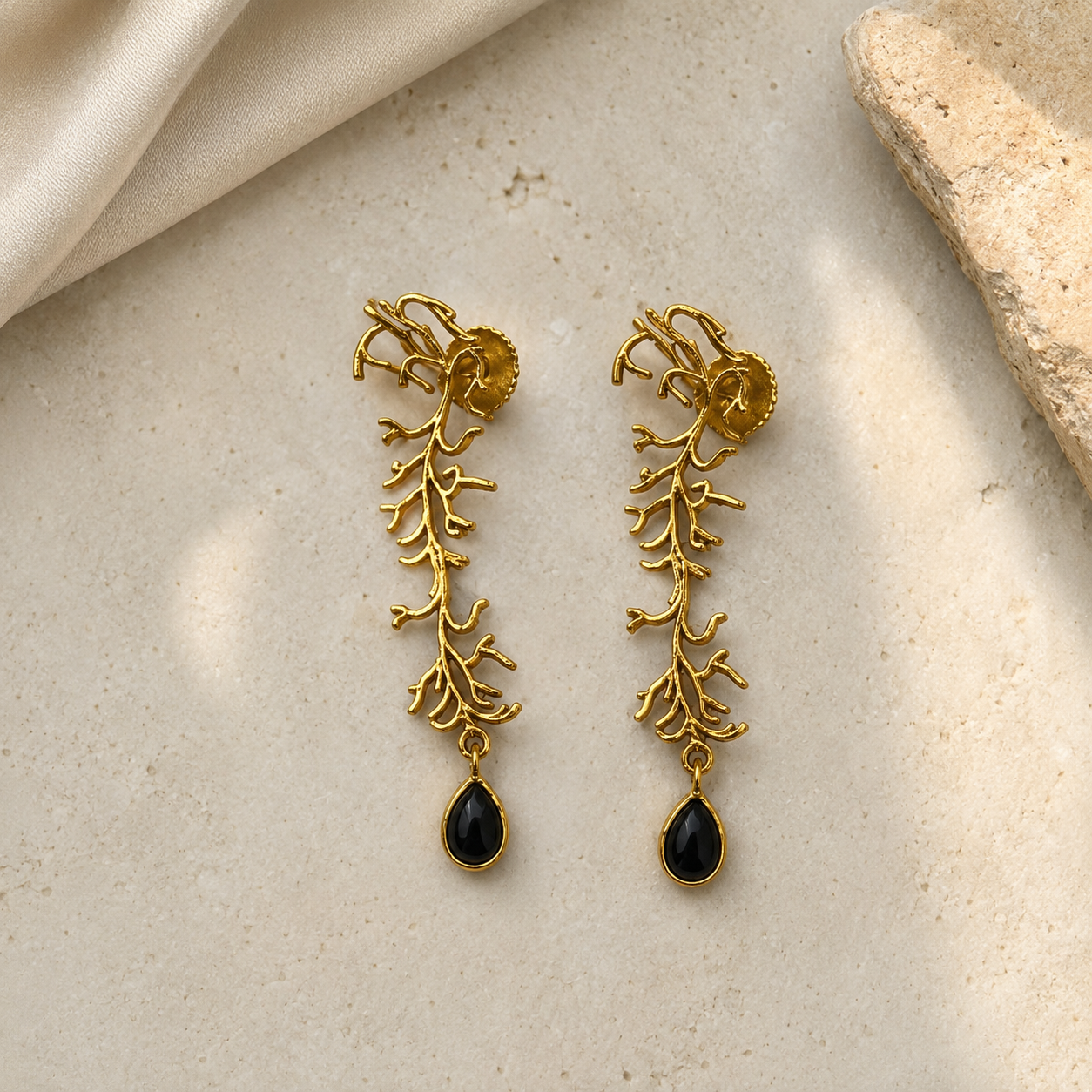 Winter Branch Onyx Drops –  Gold Plated Botanical Chandelier Earrings