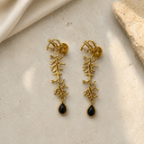 Winter Branch Onyx Drops –  Gold Plated Botanical Chandelier Earrings