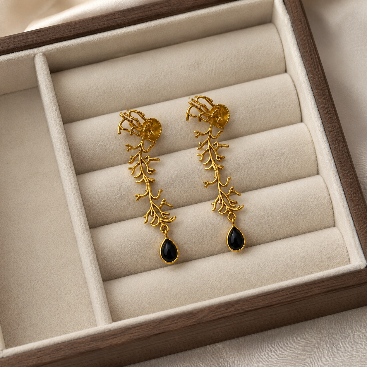 Winter Branch Onyx Drops –  Gold Plated Botanical Chandelier Earrings