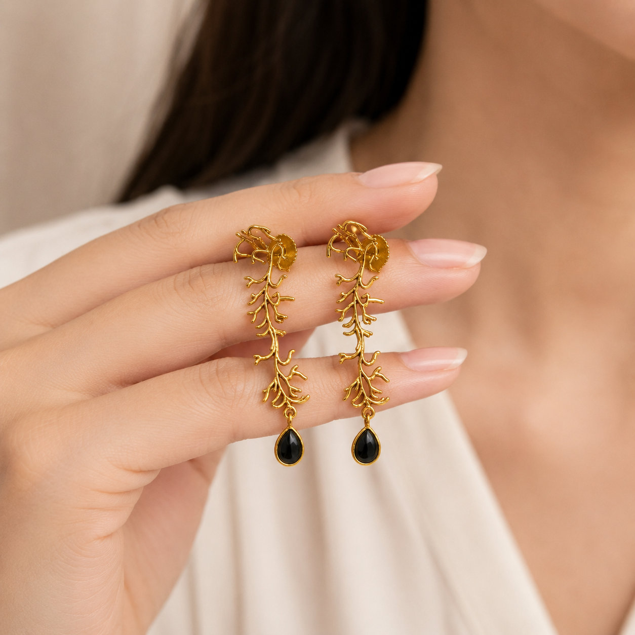 Winter Branch Onyx Drops –  Gold Plated Botanical Chandelier Earrings