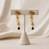 Winter Branch Onyx Drops –  Gold Plated Botanical Chandelier Earrings