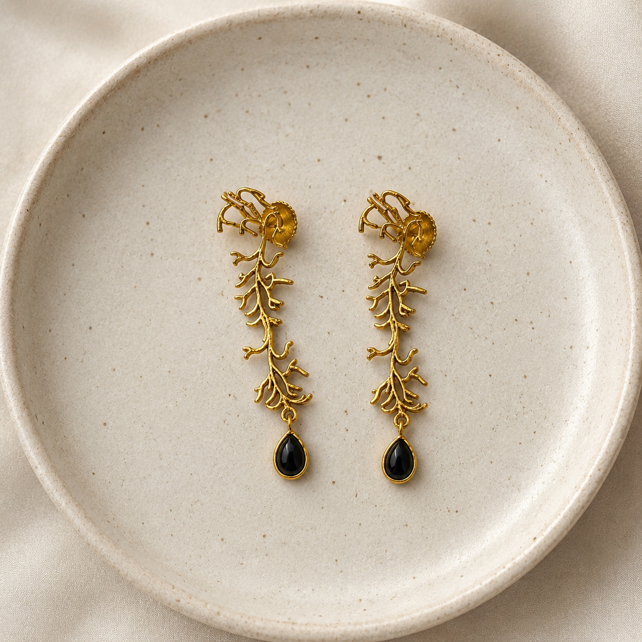 Winter Branch Onyx Drops –  Gold Plated Botanical Chandelier Earrings