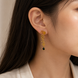 Winter Branch Onyx Drops –  Gold Plated Botanical Chandelier Earrings