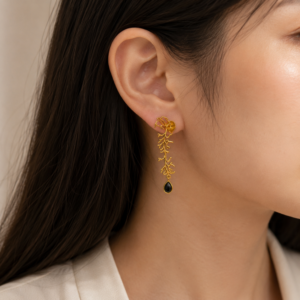 Winter Branch Onyx Drops –  Gold Plated Botanical Chandelier Earrings