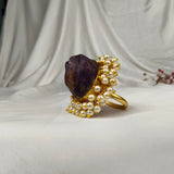 Nizam Imperial Raw Stone Ring –  Gold Plated Amethyst Purple Rough Gemstone Ring with Pearl Halo