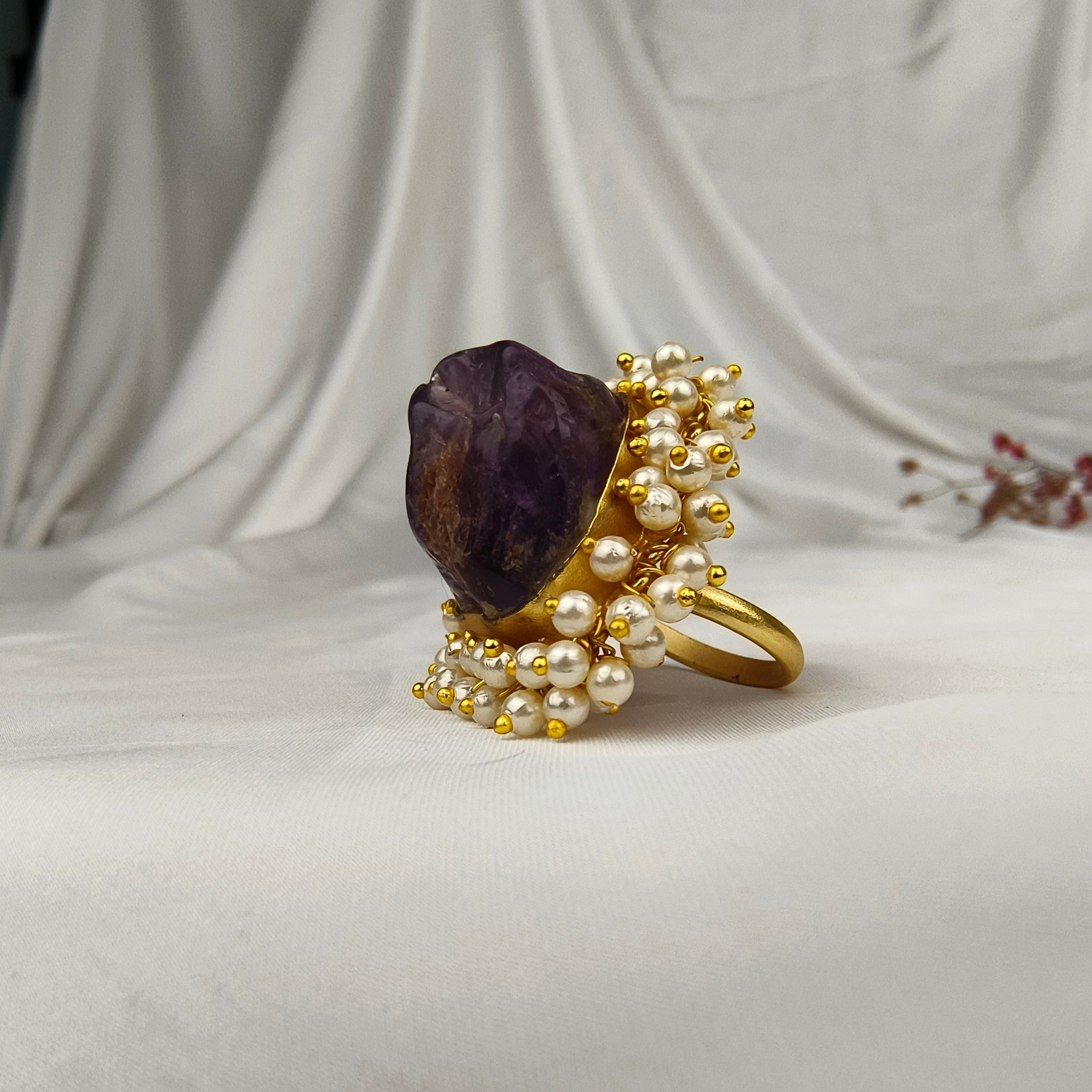 Nizam Imperial Raw Stone Ring –  Gold Plated Amethyst Purple Rough Gemstone Ring with Pearl Halo