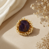 Nizam Imperial Raw Stone Ring –  Gold Plated Amethyst Purple Rough Gemstone Ring with Pearl Halo