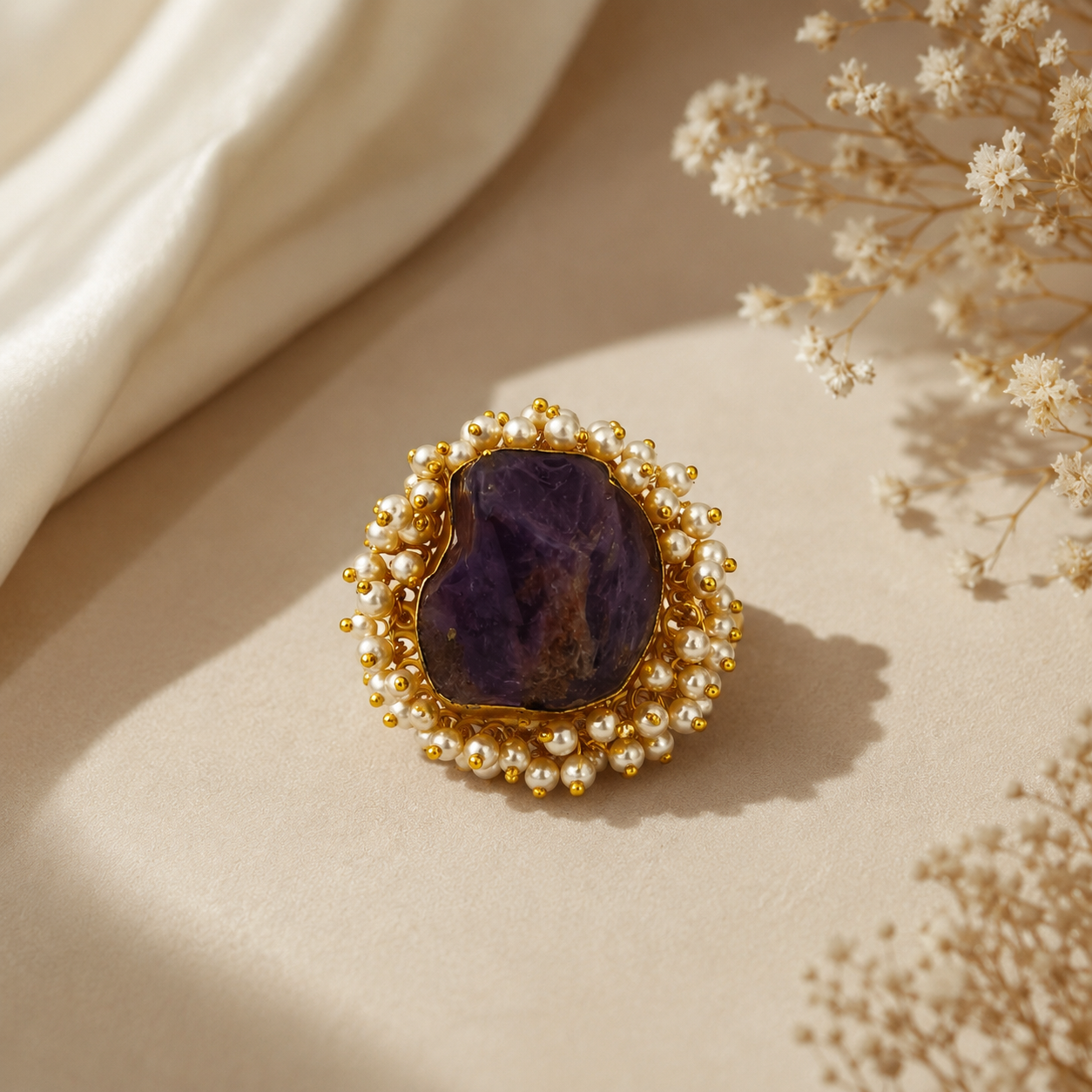 Nizam Imperial Raw Stone Ring –  Gold Plated Amethyst Purple Rough Gemstone Ring with Pearl Halo
