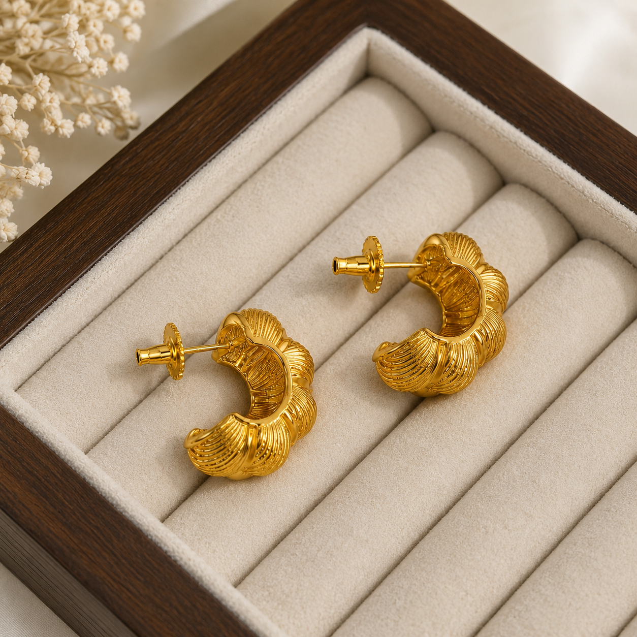 The Gilded Croissant Hoops – Gold Plated Ridged Chunky Statement Creoles