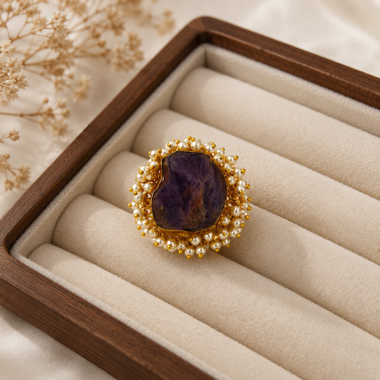 Nizam Imperial Raw Stone Ring –  Gold Plated Amethyst Purple Rough Gemstone Ring with Pearl Halo