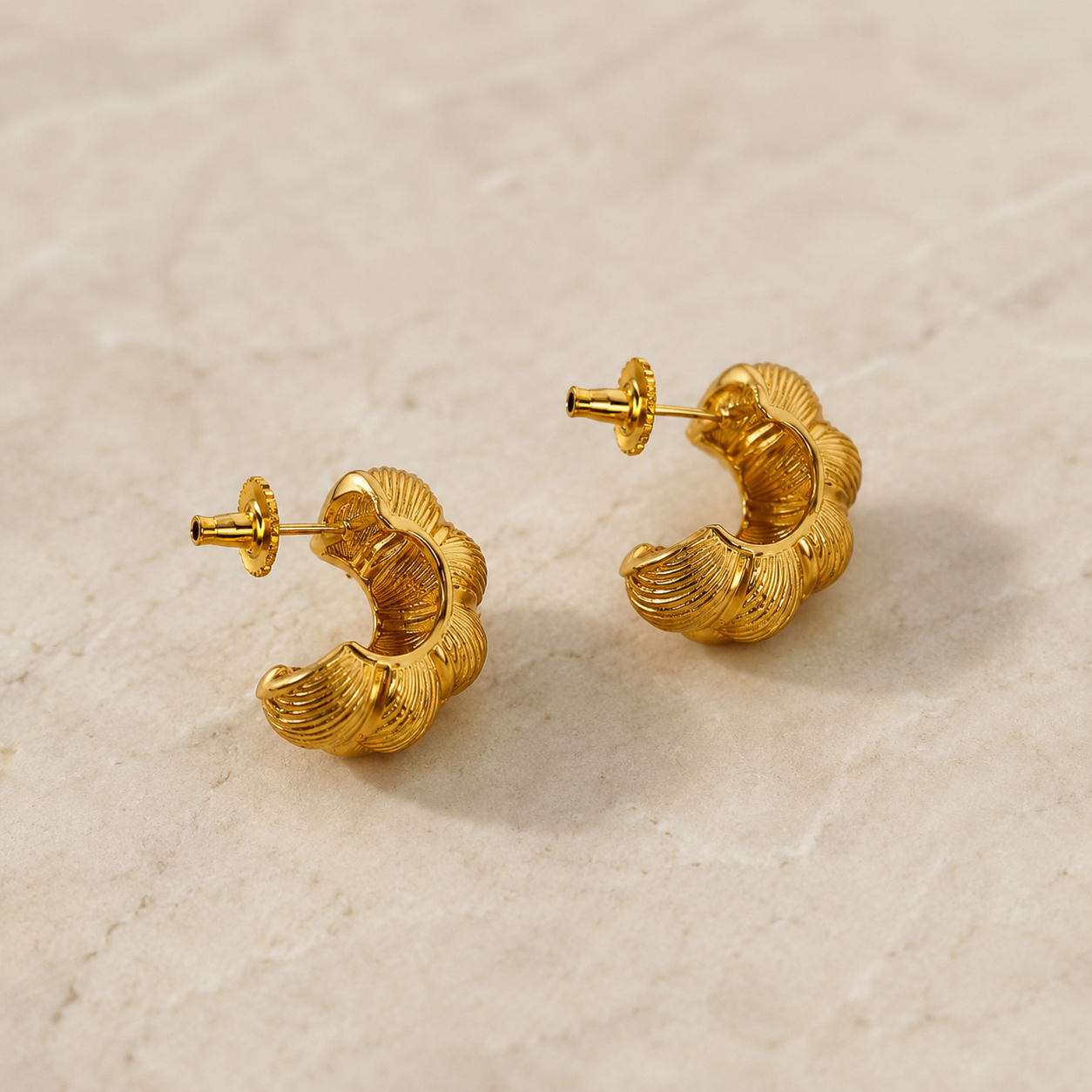 The Gilded Croissant Hoops – Gold Plated Ridged Chunky Statement Creoles