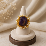 Nizam Imperial Raw Stone Ring –  Gold Plated Amethyst Purple Rough Gemstone Ring with Pearl Halo
