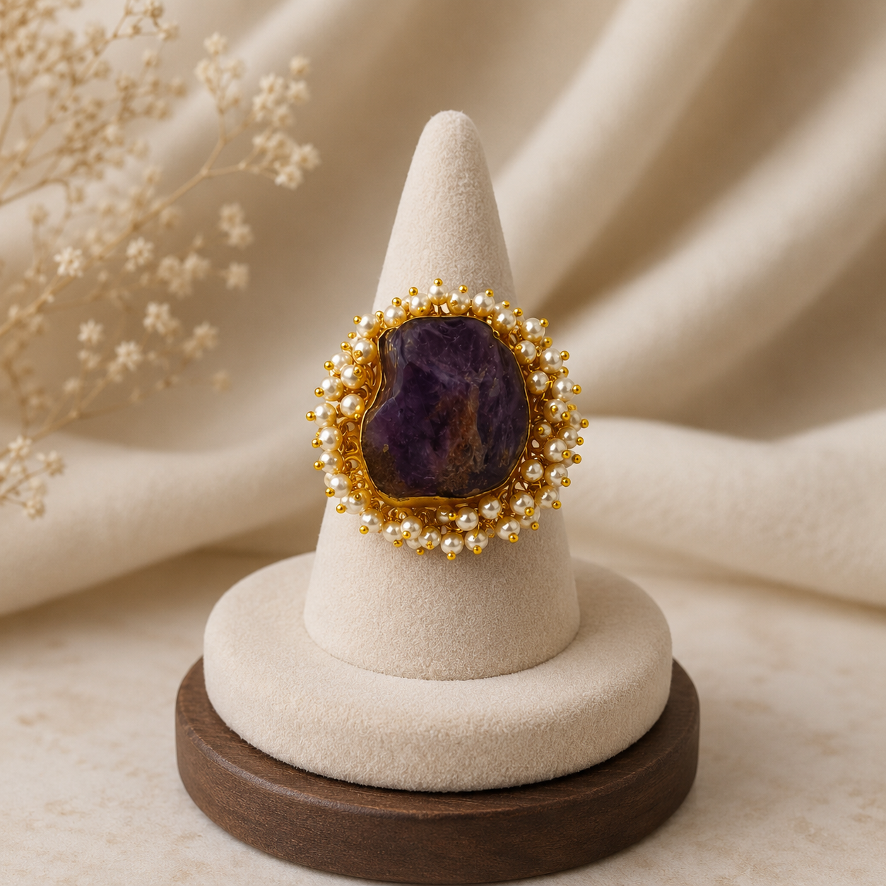 Nizam Imperial Raw Stone Ring –  Gold Plated Amethyst Purple Rough Gemstone Ring with Pearl Halo