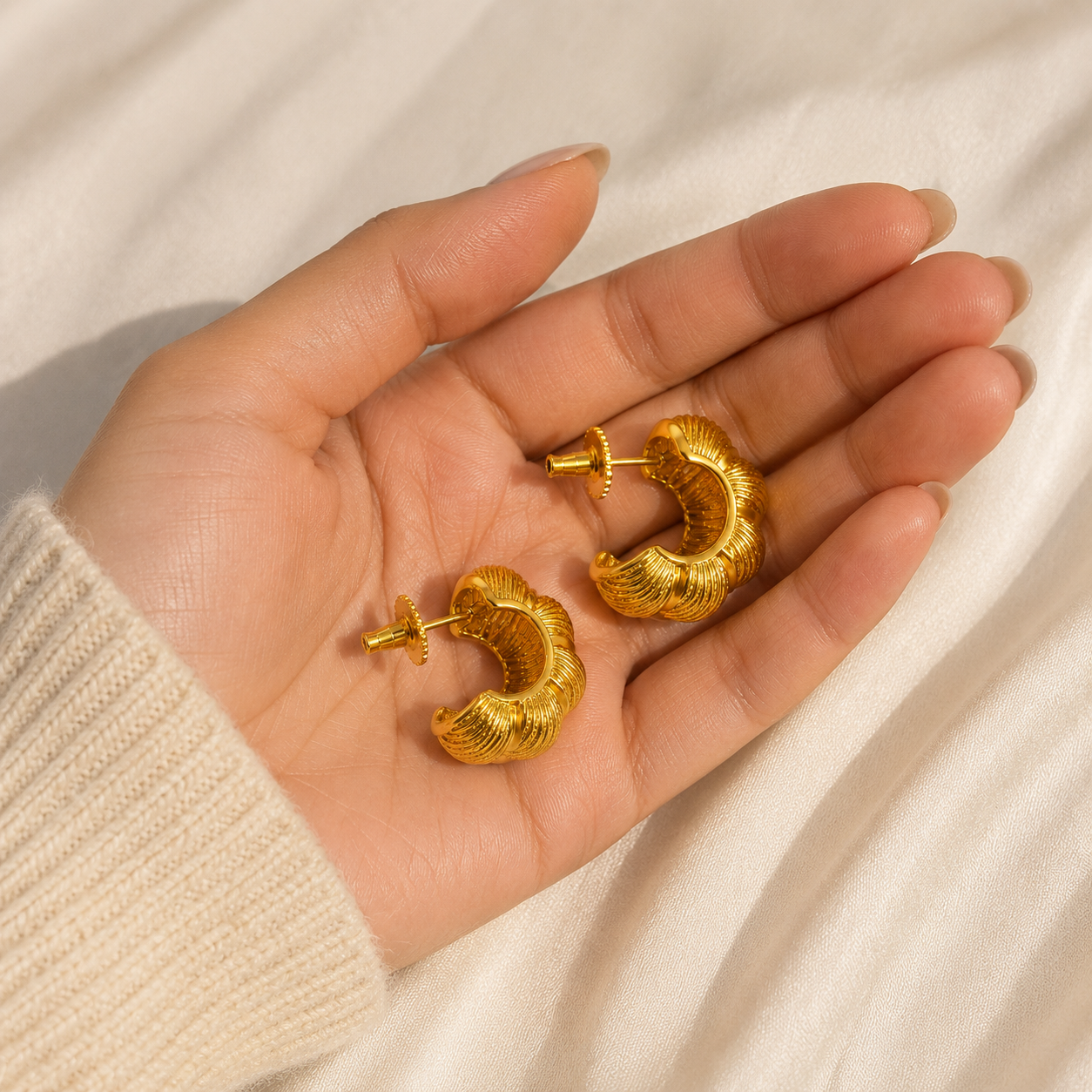 The Gilded Croissant Hoops – Gold Plated Ridged Chunky Statement Creoles