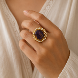 Nizam Imperial Raw Stone Ring –  Gold Plated Amethyst Purple Rough Gemstone Ring with Pearl Halo