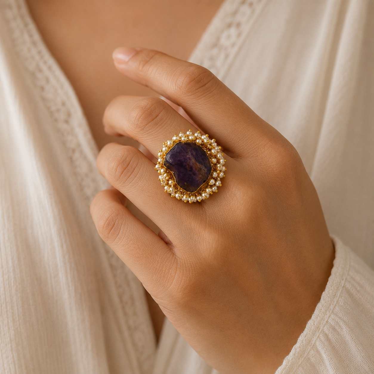 Nizam Imperial Raw Stone Ring –  Gold Plated Amethyst Purple Rough Gemstone Ring with Pearl Halo