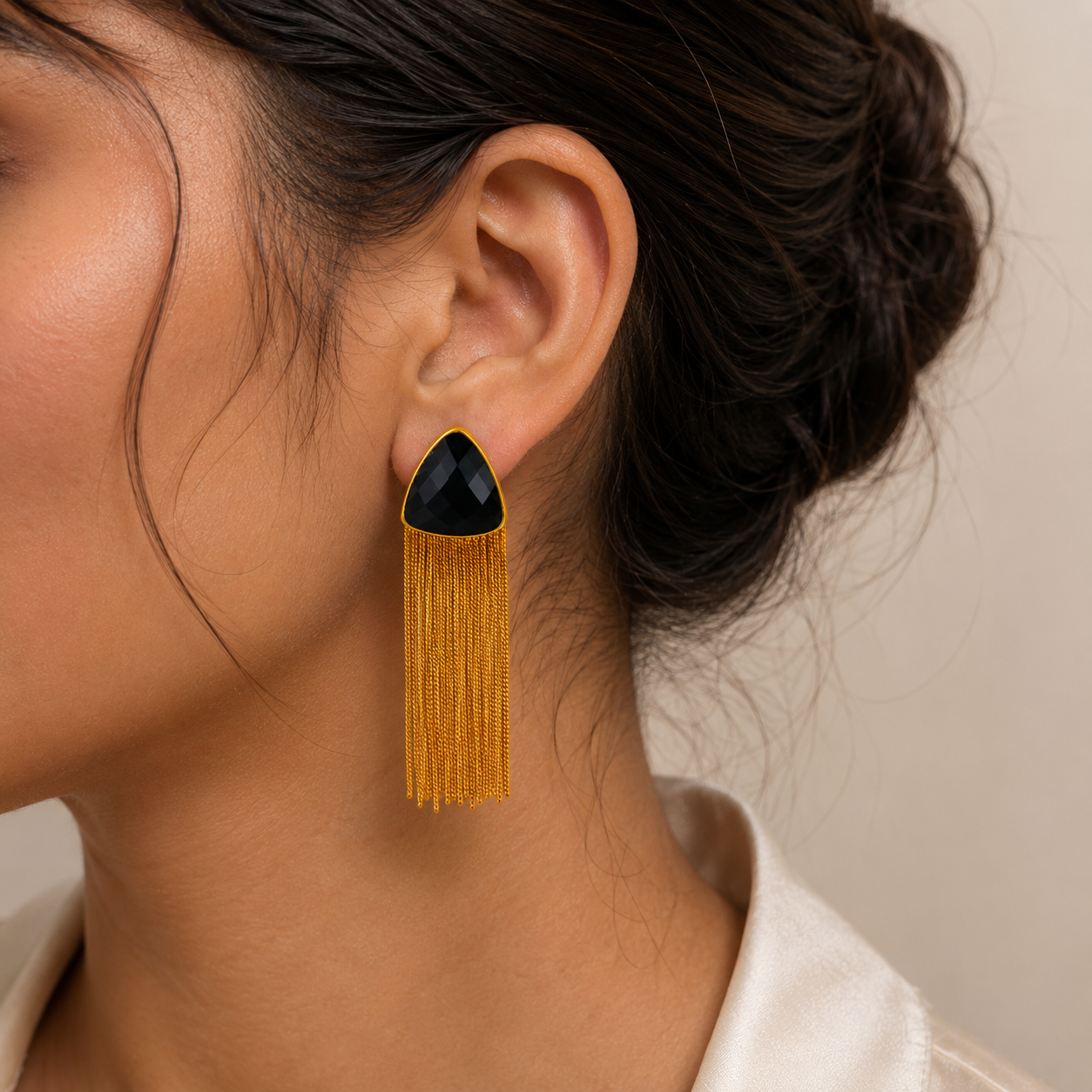 The Onyx Trillion Fringe Drops – Gold Plated Art Deco Tassel Earrings